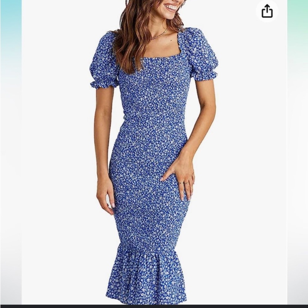 50%offw❤️PRETTYGARDEN  Summer Floral Midi Bodycon Dresses Short Puff Sleeve